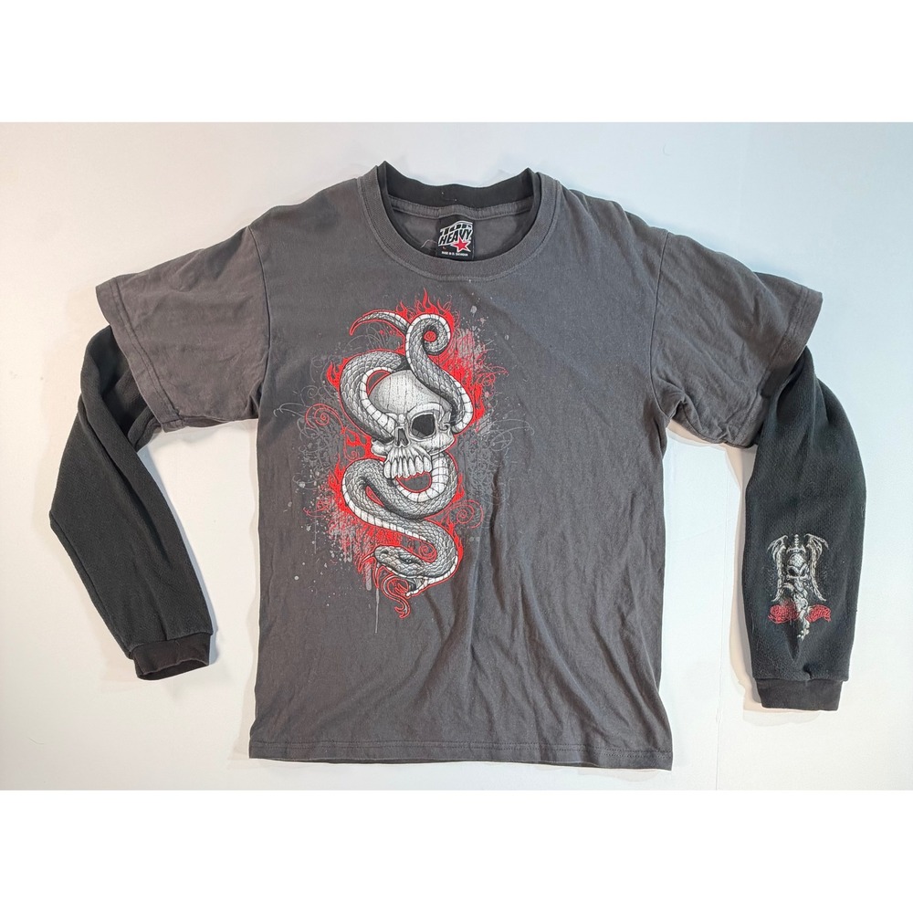 Top Heavy Kids Skull Snake Graphic Layered Long Sleeve Shirt Charcoal Grey L